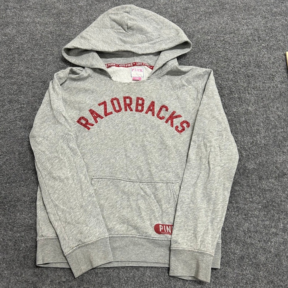 PINK Hoodie Womens Size Large Grey Arkansas Razorbacks Sequin Graphic Sweatshirt